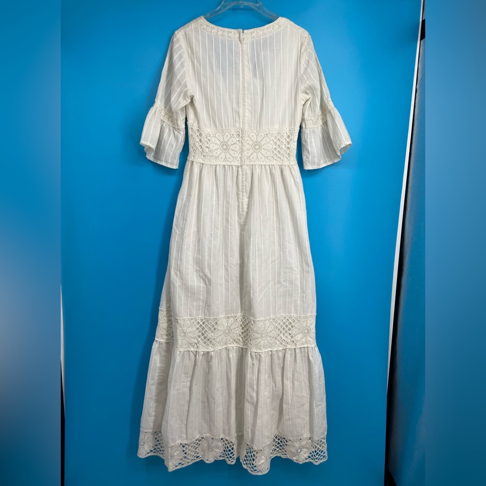 Vintage Boho Lace Maxi Dress Bell elbow length sleeves square Neck size 11/12 - Picture 2 of 12